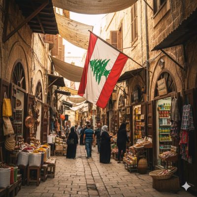 علم لبنان مرفوع فوق مبنى قديم